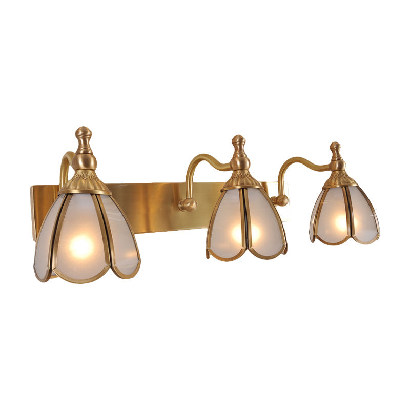 Brass Flower Shape Wall Lighting Rural Frosted White Opal Glass 1/2/3 Lights Bathroom Vanity Sconce Clearhalo 'Vanity Lights' 'Wall Lights' Lighting' 285491