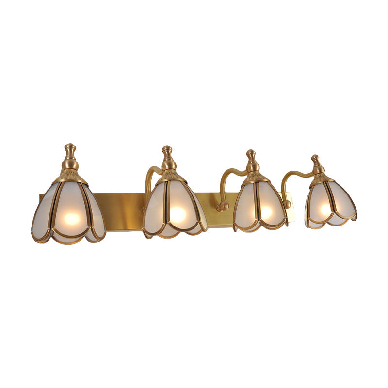 Brass Flower Shape Wall Lighting Rural Frosted White Opal Glass 1/2/3 Lights Bathroom Vanity Sconce Clearhalo 'Vanity Lights' 'Wall Lights' Lighting' 285495