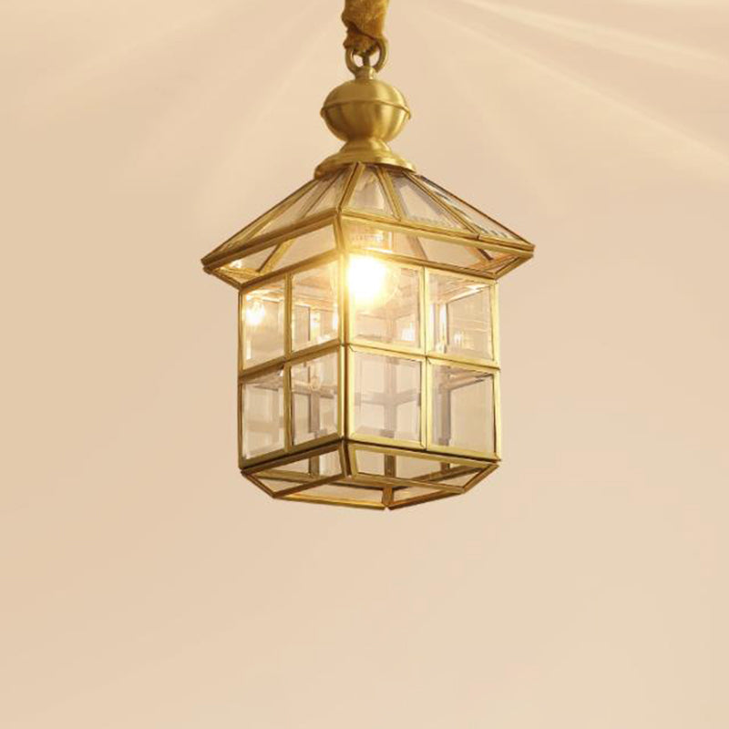 Gold Lantern Hanging Lamp Traditional Clear Frosted Glass 6.5