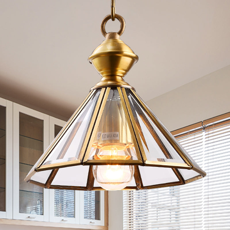 1 Bulb Hanging Ceiling Light Traditional Living Room Suspension Pendant Lamp with Cone Clear Glass Shade Clearhalo 'Ceiling Lights' 'Glass shade' 'Glass' 'Pendant Lights' 'Pendants' Lighting' 285630