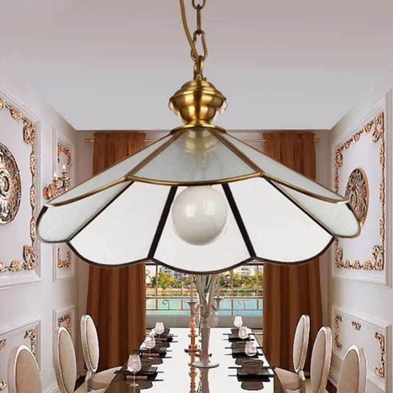 Gold Flared Suspension Lighting Traditional Frosted Glass 1 Head Dining Room Hanging Pendant Lamp Clearhalo 'Ceiling Lights' 'Glass shade' 'Glass' 'Pendant Lights' 'Pendants' Lighting' 285644