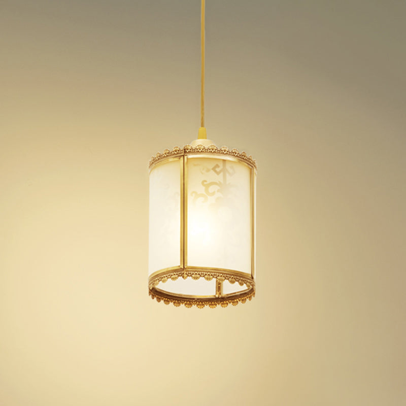 Brass Cylinder Pendant Lighting Vintage Opal Glass 1 Light Dining Room Hanging Ceiling Lamp Brass Clearhalo 'Ceiling Lights' 'Glass shade' 'Glass' 'Pendant Lights' 'Pendants' Lighting' 285665