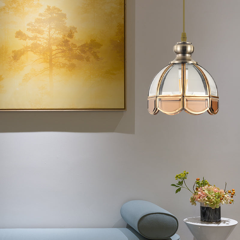 Dome Stairway Hanging Pendant Lamp Vintage Clear/Beige Glass 1 Head Nickel Ceiling Suspension Light Clearhalo 'Ceiling Lights' 'Glass shade' 'Glass' 'Pendant Lights' 'Pendants' Lighting' 285713