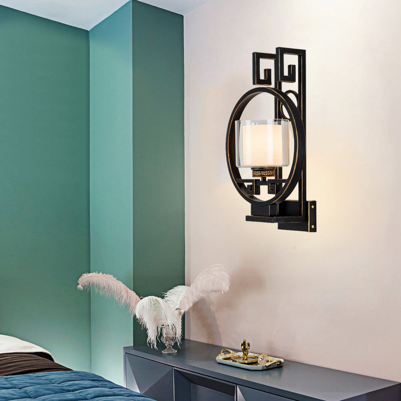 Black Cylinder Wall Lighting Fixture Classic Clear Glass 1 Light Corridor Sconce Light with Metal Circle Clearhalo 'Wall Lamps & Sconces' 'Wall Lights' Lighting' 285783