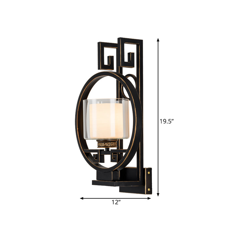 Black Cylinder Wall Lighting Fixture Classic Clear Glass 1 Light Corridor Sconce Light with Metal Circle Clearhalo 'Wall Lamps & Sconces' 'Wall Lights' Lighting' 285785