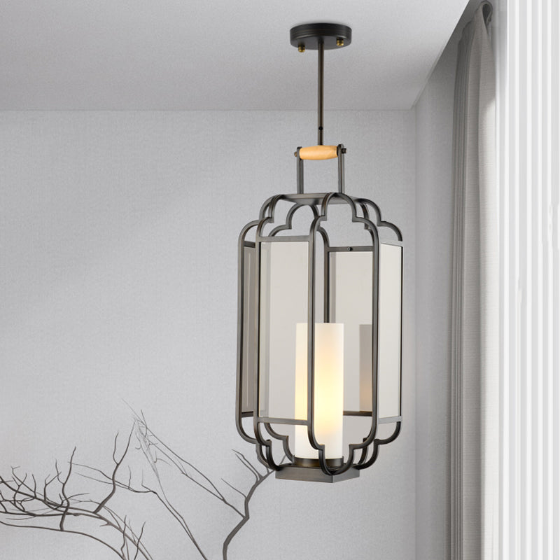 1 Light Tan Glass Hanging Pendant Traditional Black Cylinder Living Room Pendulum Light, 8