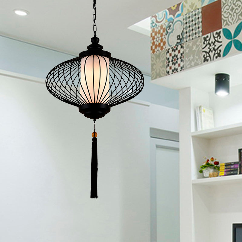 1 Light Lantern Pendulum Light Traditional Style Black Fabric Ceiling Suspension Lamp, 12