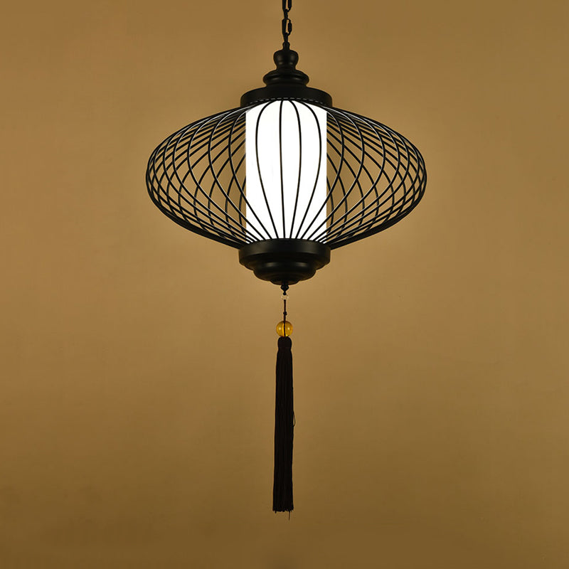 1 Light Lantern Pendulum Light Traditional Style Black Fabric Ceiling Suspension Lamp, 12