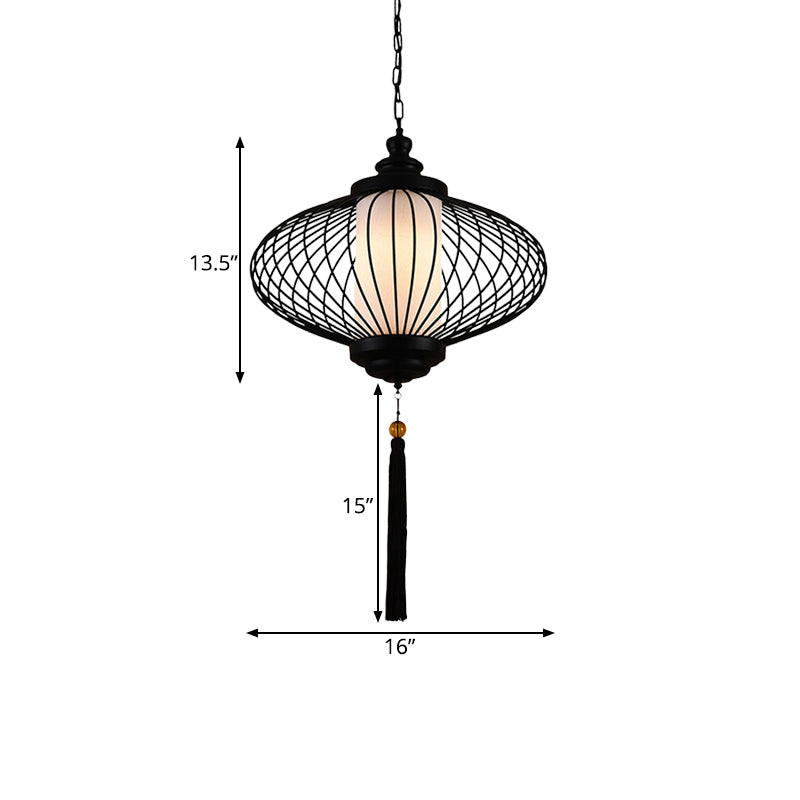 1 Light Lantern Pendulum Light Traditional Style Black Fabric Ceiling Suspension Lamp, 12