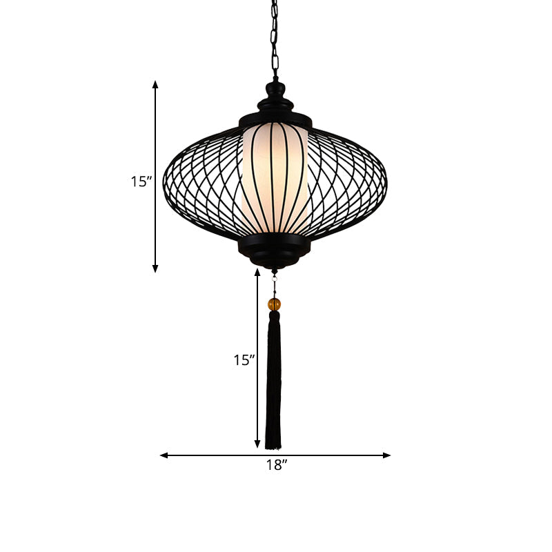 1 Light Lantern Pendulum Light Traditional Style Black Fabric Ceiling Suspension Lamp, 12