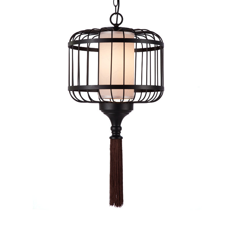 Traditional Cage Pendant Light 1 Light Fabric Suspension Lighting Fixture in Black for Restaurant Clearhalo 'Ceiling Lights' 'Pendant Lights' 'Pendants' Lighting' 286226