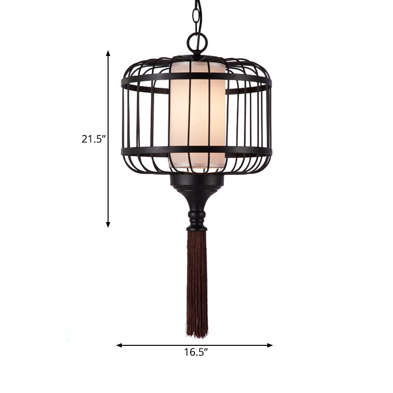 Traditional Cage Pendant Light 1 Light Fabric Suspension Lighting Fixture in Black for Restaurant Clearhalo 'Ceiling Lights' 'Pendant Lights' 'Pendants' Lighting' 286227