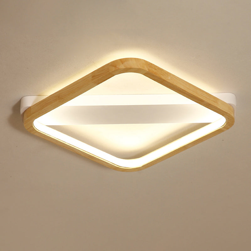 Wood Square Flush Light Fixture Simple Style Beige LED Ceiling Lamp for Bedroom, 13