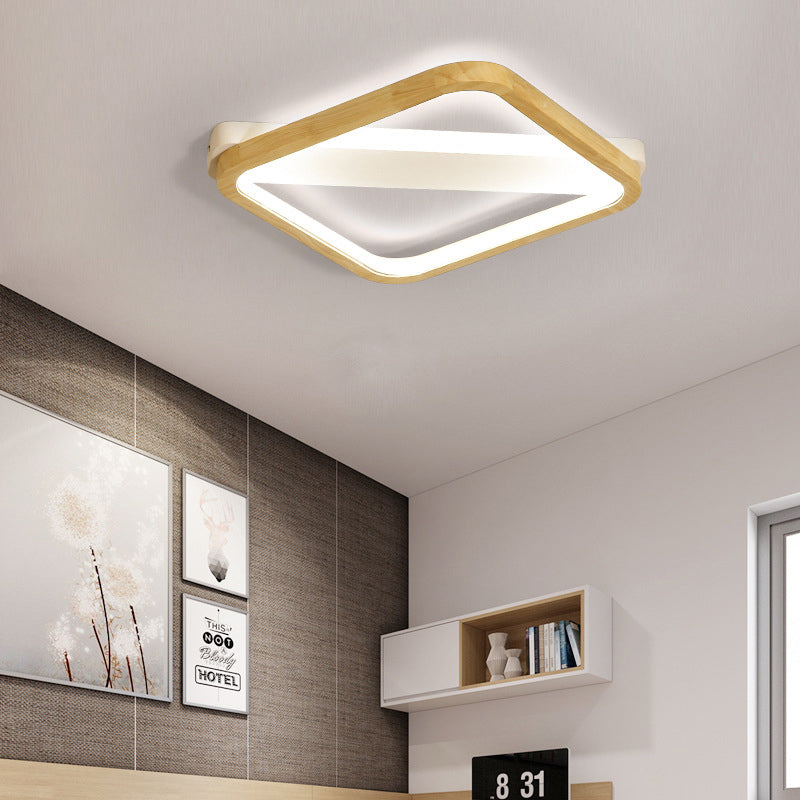 Wood Square Flush Light Fixture Simple Style Beige LED Ceiling Lamp for Bedroom, 13