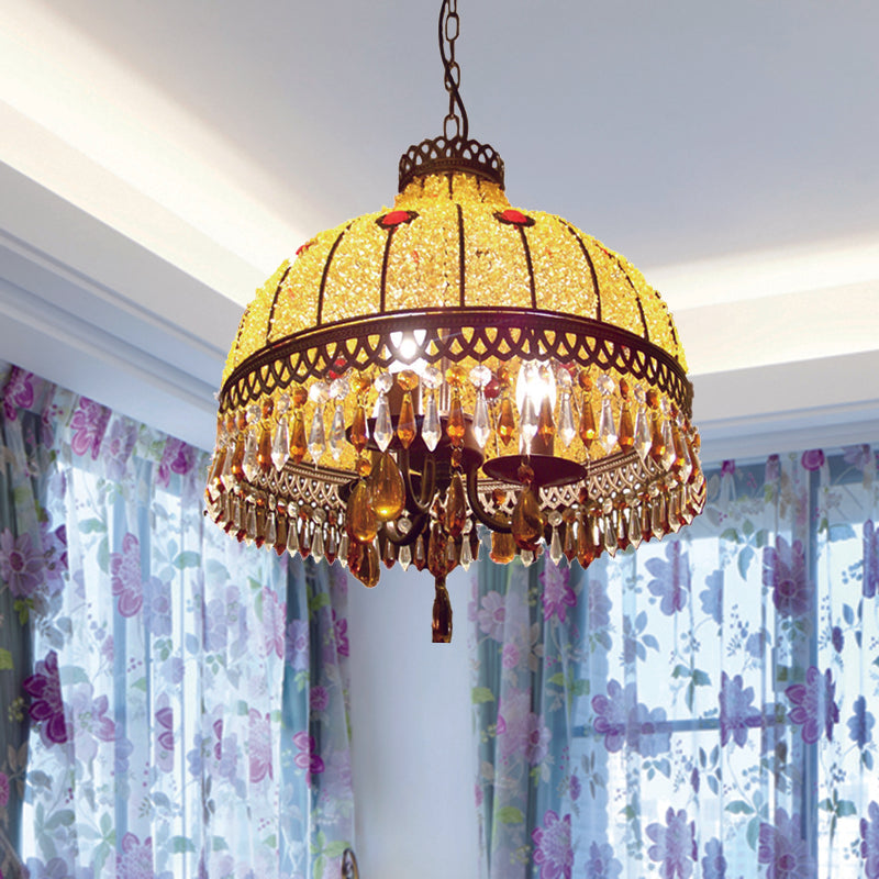 Yellow 3 Lights Hanging Chandelier Southeast Asian Style Crystal Drop Dome Ceiling Light Yellow Clearhalo 'Ceiling Lights' 'Chandeliers' Lighting' options 286387_bbdb2530-afc0-401d-80a3-66322282cf9e