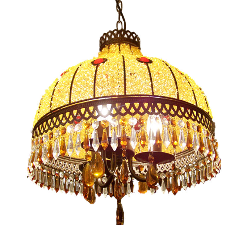 Yellow 3 Lights Hanging Chandelier Southeast Asian Style Crystal Drop Dome Ceiling Light Clearhalo 'Ceiling Lights' 'Chandeliers' Lighting' options 286390