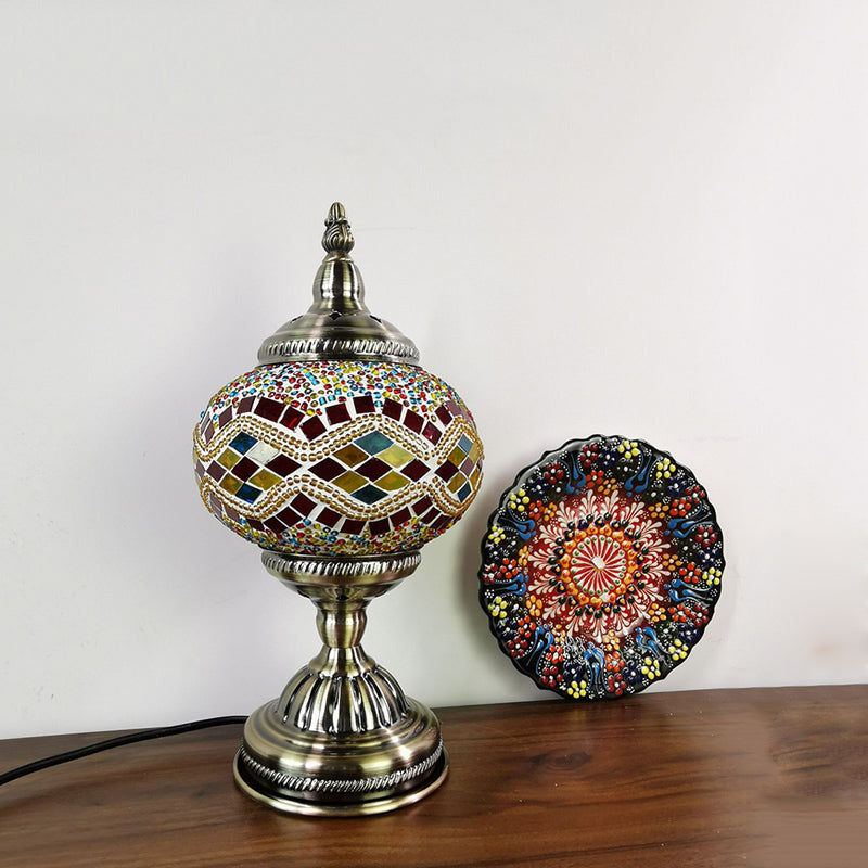 Stained Glass Globe Shade Desk Lamp Moroccan 1 Light Bedroom Table Light in Bronze Clearhalo 'Lamps' 'Table Lamps' Lighting' 286595