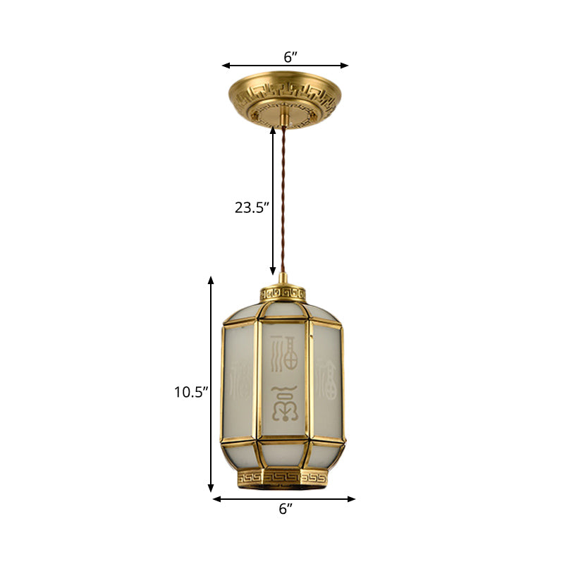 Lantern Corridor Drop Pendant Classic Metal 1 Light Brass Hanging Lamp with Frosted Glass Shade Clearhalo 'Ceiling Lights' 'Pendant Lights' 'Pendants' Lighting' 286773