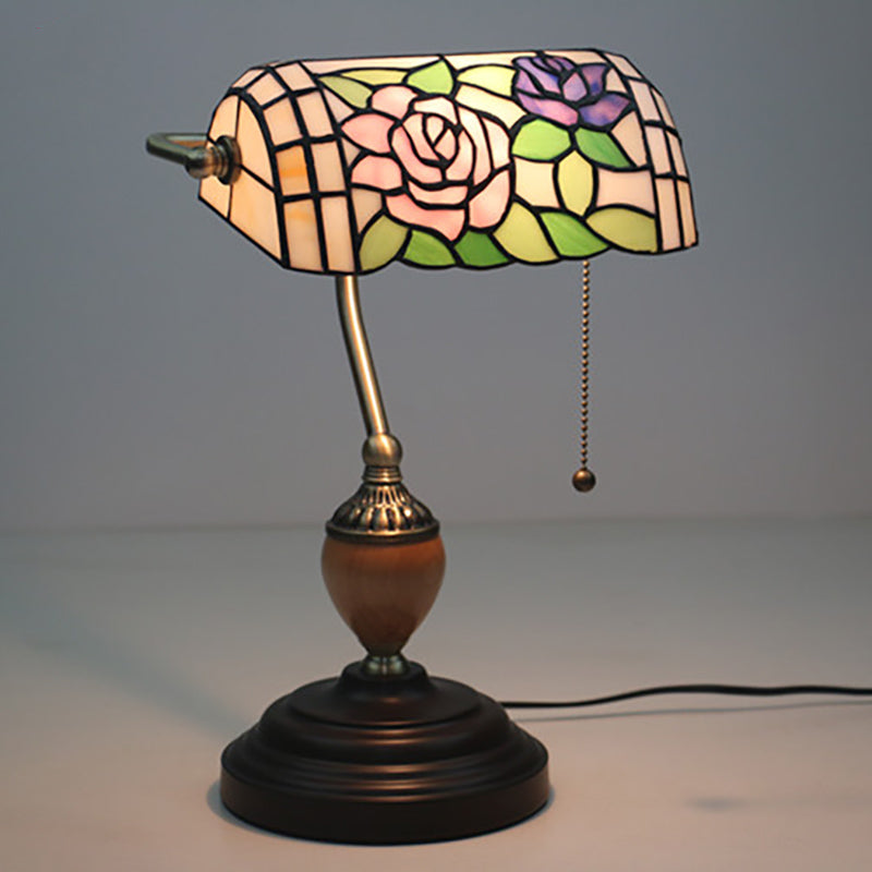 Stained Glass Rose/Plum Blossom/Lotus Nightstand Lamp Tiffany Style Single Head Brass Table Light for Bedroom Brass Rose Clearhalo 'Lamps' 'Table Lamps' Lighting' 287514