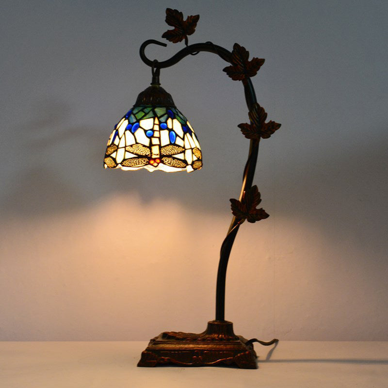 Rose/White/Dragonfly Nightstand Mediterranean Stained Glass Single Head Brown Table Lamp with Bridge Arm Black Dragonfly Clearhalo 'Lamps' 'Table Lamps' Lighting' 287587