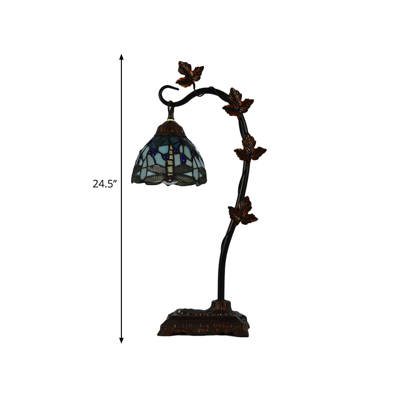 Rose/White/Dragonfly Nightstand Mediterranean Stained Glass Single Head Brown Table Lamp with Bridge Arm Clearhalo 'Lamps' 'Table Lamps' Lighting' 287589