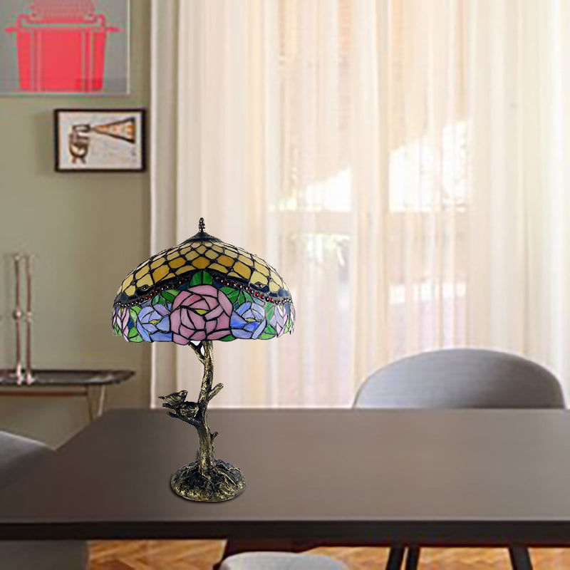 Stained Glass Brass Table Light Leaf/Rose/Peony Single Head Tiffany Style Nightstand Lamp for Bedroom Clearhalo 'Lamps' 'Table Lamps' Lighting' 287669