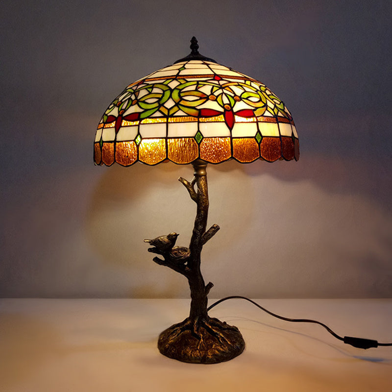 Stained Glass Brass Table Light Leaf/Rose/Peony Single Head Tiffany Style Nightstand Lamp for Bedroom Brass Leaf Clearhalo 'Lamps' 'Table Lamps' Lighting' 287673