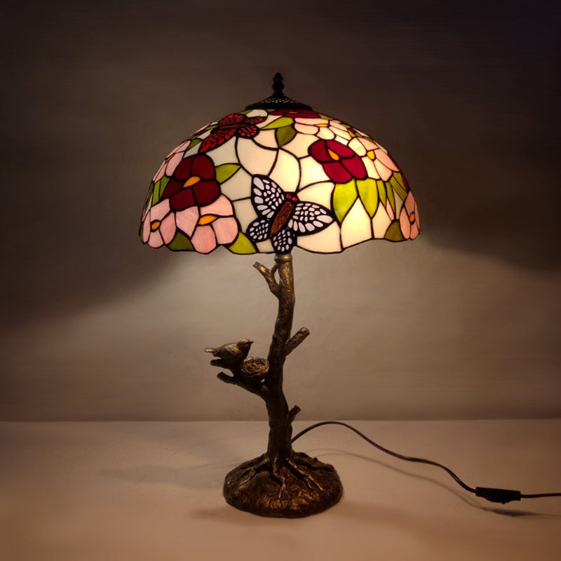 Stained Glass Brass Table Light Leaf/Rose/Peony Single Head Tiffany Style Nightstand Lamp for Bedroom Brass Peony Clearhalo 'Lamps' 'Table Lamps' Lighting' 287676