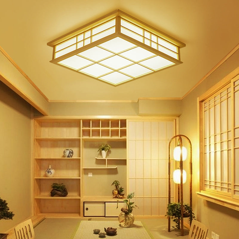 Wood Square Grille Flush Lighting Japanese Style LED Beige Ceiling Lamp in Warm/White Light Clearhalo 'Ceiling Lights' 'Close To Ceiling Lights' 'Close to ceiling' 'Flush mount' Lighting' 287781