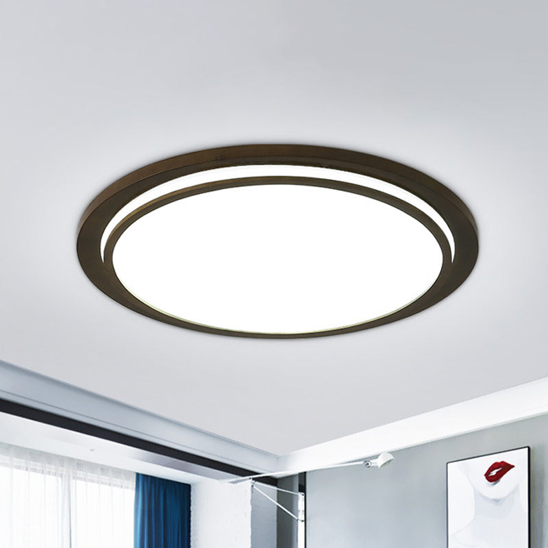 Wood Drum LED Flush Light Fixture Modern Style Brown Ceiling Mounted Lamp in Warm/White/Natural Light, 15