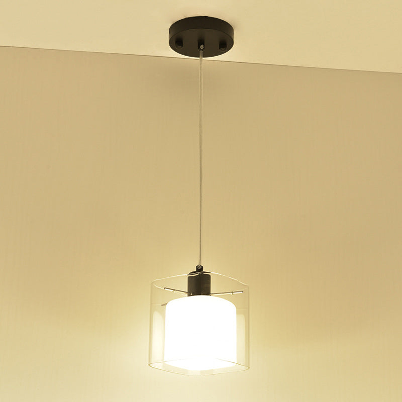 Square Hanging Light Fixture Modern Clear and White Glass 1 Head Black Pendant Ceiling Light Black Clearhalo 'Ceiling Lights' 'Modern Pendants' 'Modern' 'Pendant Lights' 'Pendants' Lighting' 288420