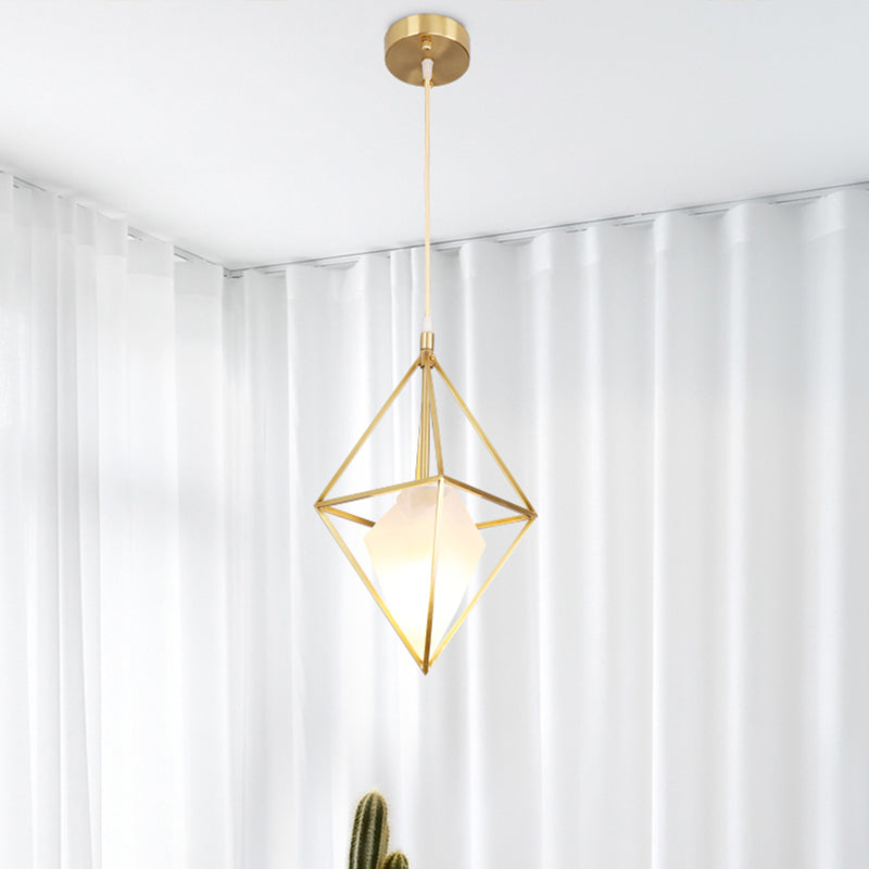 Diamond Pendant Ceiling Light Postmodern Frosted Glass 1 Head Brass Hanging Lamp Clearhalo 'Ceiling Lights' 'Modern Pendants' 'Modern' 'Pendant Lights' 'Pendants' Lighting' 288494