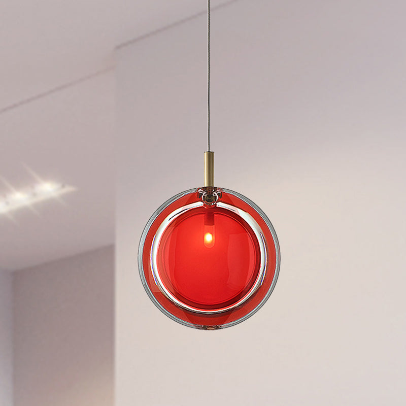 Round Hanging Lamp Kit Macaron Red Glass 1 Light Bedroom Pendant Lighting Fixture Red Clearhalo 'Ceiling Lights' 'Glass shade' 'Glass' 'Modern Pendants' 'Modern' 'Pendant Lights' 'Pendants' Lighting' 288607