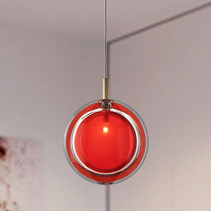 Round Hanging Lamp Kit Macaron Red Glass 1 Light Bedroom Pendant Lighting Fixture Clearhalo 'Ceiling Lights' 'Glass shade' 'Glass' 'Modern Pendants' 'Modern' 'Pendant Lights' 'Pendants' Lighting' 288608