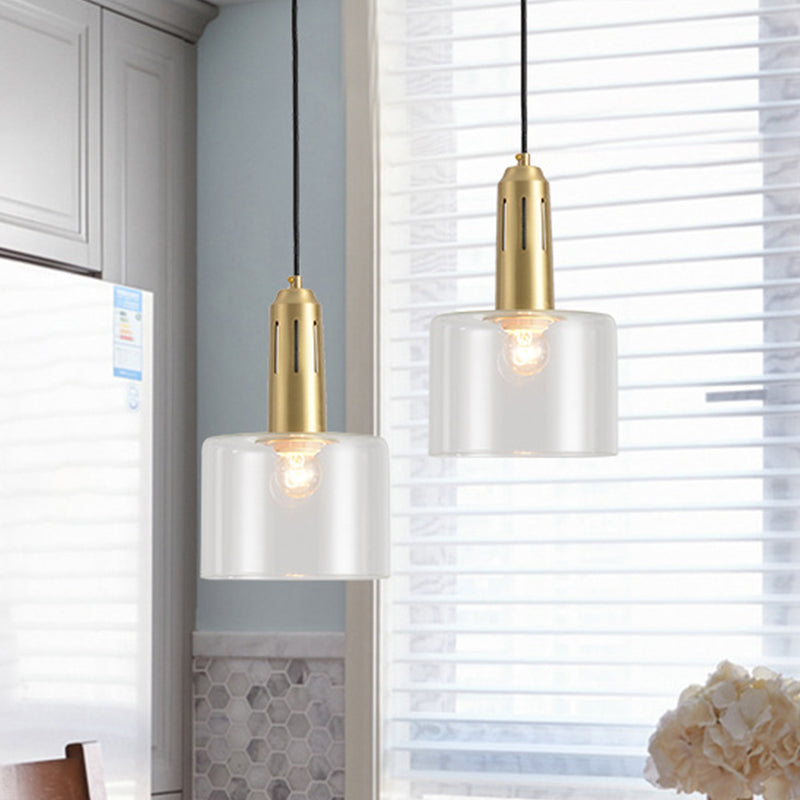 1 Light Dining Room Hanging Light Postmodern Brass Pendant Lamp with Cylinder Clear Glass Shade Clearhalo 'Ceiling Lights' 'Modern Pendants' 'Modern' 'Pendant Lights' 'Pendants' Lighting' 288821