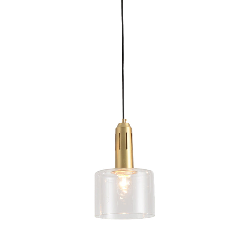 1 Light Dining Room Hanging Light Postmodern Brass Pendant Lamp with Cylinder Clear Glass Shade Clearhalo 'Ceiling Lights' 'Modern Pendants' 'Modern' 'Pendant Lights' 'Pendants' Lighting' 288824