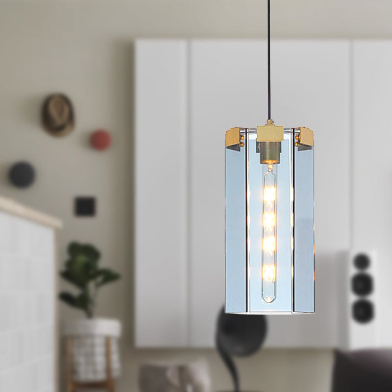 1 Head Bedroom Hanging Light Kit Modern Gold Pendant Lamp with Hexagon Blue Gray Glass Shade Gold Clearhalo 'Ceiling Lights' 'Modern Pendants' 'Modern' 'Pendant Lights' 'Pendants' Lighting' 289007