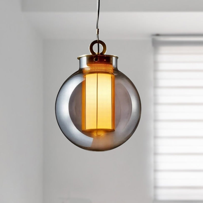 Nordic Globe Hanging Pendant Light Smoke Gray Glass 1 Head Bedroom Hanging Lamp Kit with Inner Cylinder White Glass Shade Smoke Gray Clearhalo 'Ceiling Lights' 'Modern Pendants' 'Modern' 'Pendant Lights' 'Pendants' Lighting' 289095