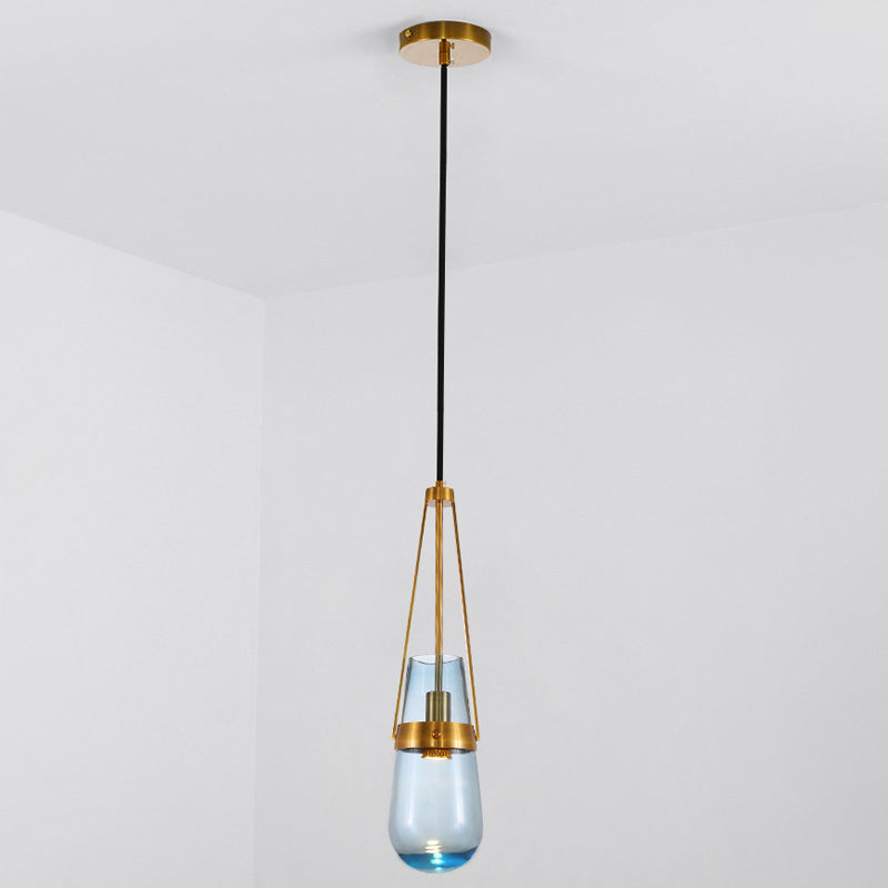 Cone Pendant Light Postmodern Blue/Clear Glass 1 Head Bedroom Hanging Light Kit in Gold Clearhalo 'Ceiling Lights' 'Modern Pendants' 'Modern' 'Pendant Lights' 'Pendants' Lighting' 289154