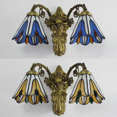 Blue/Beige Floral Wall Mount Light Stained Glass 2 Bulbs Vintage Wall Lighting in Antique Brass for Bedroom Clearhalo 'Industrial' 'Middle century wall lights' 'Tiffany wall lights' 'Tiffany' 'Wall Lamps & Sconces' 'Wall Lights' Lighting' 28917