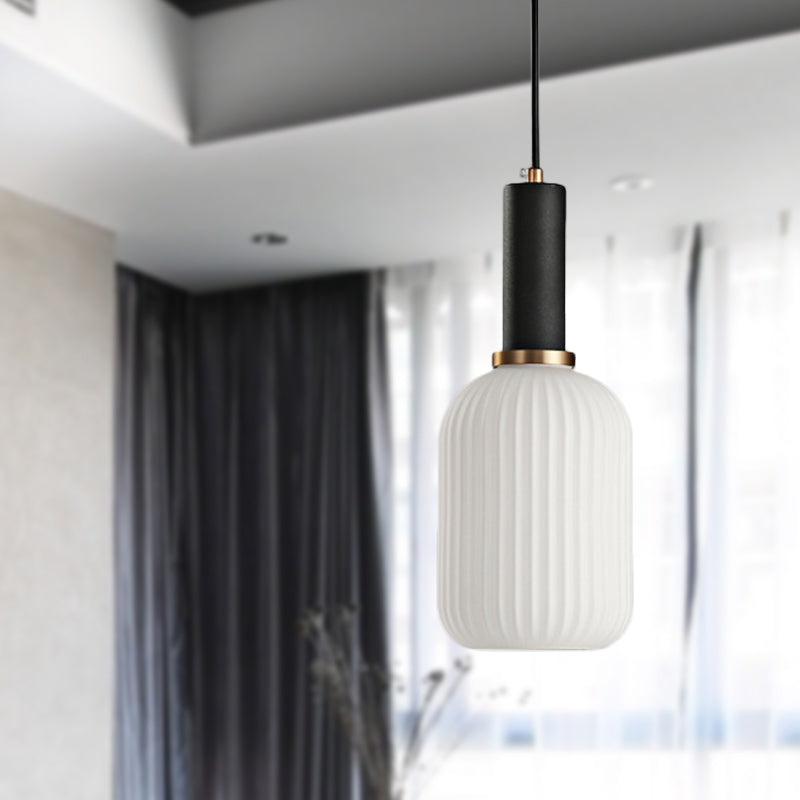 1 Head Dining Room Pendant Light Macaron Black/Pink/Blue Hanging Lamp with Cylinder/Oval/Drum White Glass Shade, 5