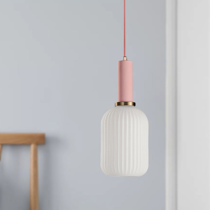 1 Head Dining Room Pendant Light Macaron Black/Pink/Blue Hanging Lamp with Cylinder/Oval/Drum White Glass Shade, 5