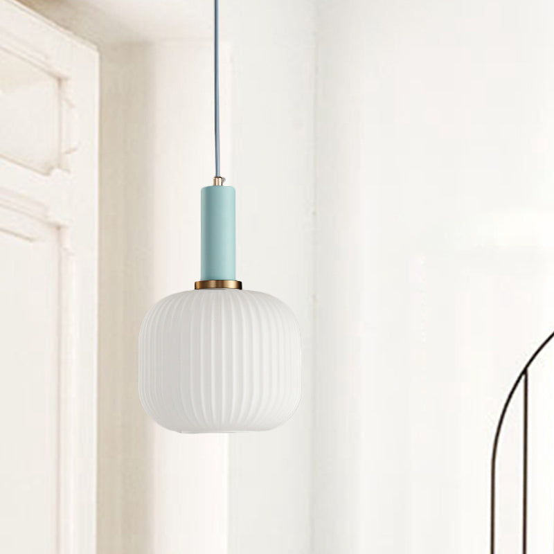 1 Head Dining Room Pendant Light Macaron Black/Pink/Blue Hanging Lamp with Cylinder/Oval/Drum White Glass Shade, 5