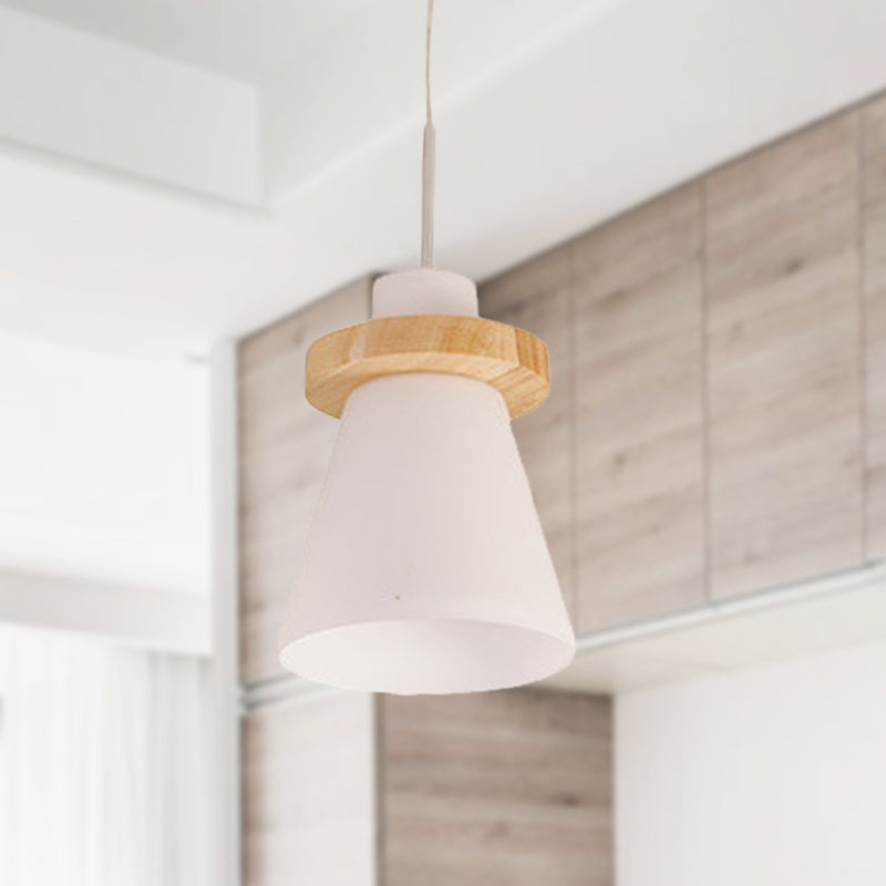 Minimalist Conical White Glass Hanging Light 1 Light Pendant Light with Wood Ring Decoration Clearhalo 'Ceiling Lights' 'Glass shade' 'Glass' 'Pendant Lights' 'Pendants' Lighting' 290533