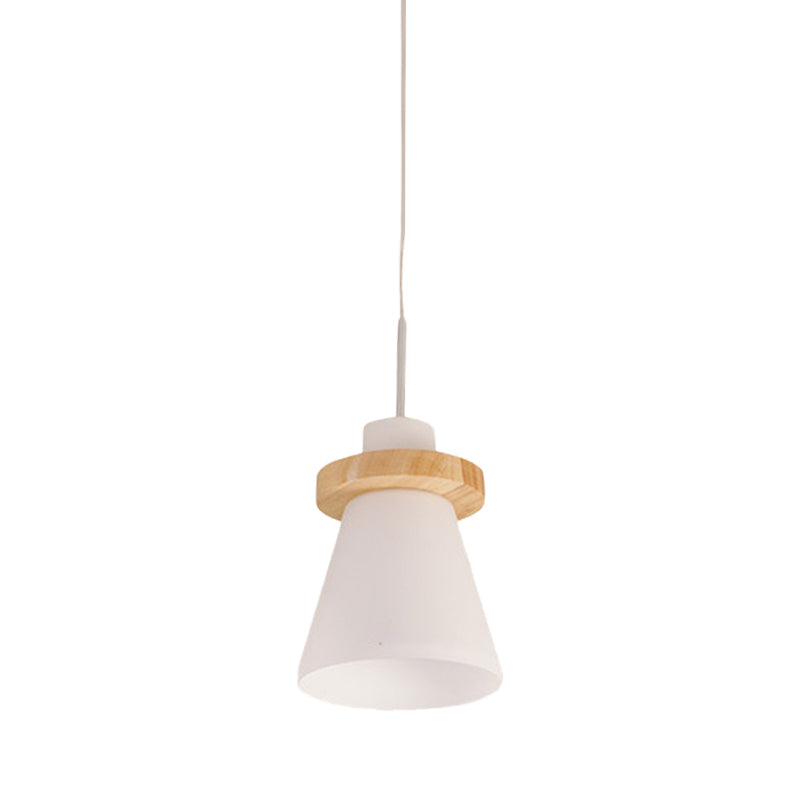 Minimalist Conical White Glass Hanging Light 1 Light Pendant Light with Wood Ring Decoration Clearhalo 'Ceiling Lights' 'Glass shade' 'Glass' 'Pendant Lights' 'Pendants' Lighting' 290536