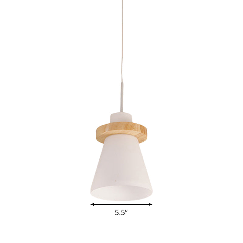 Minimalist Conical White Glass Hanging Light 1 Light Pendant Light with Wood Ring Decoration Clearhalo 'Ceiling Lights' 'Glass shade' 'Glass' 'Pendant Lights' 'Pendants' Lighting' 290537