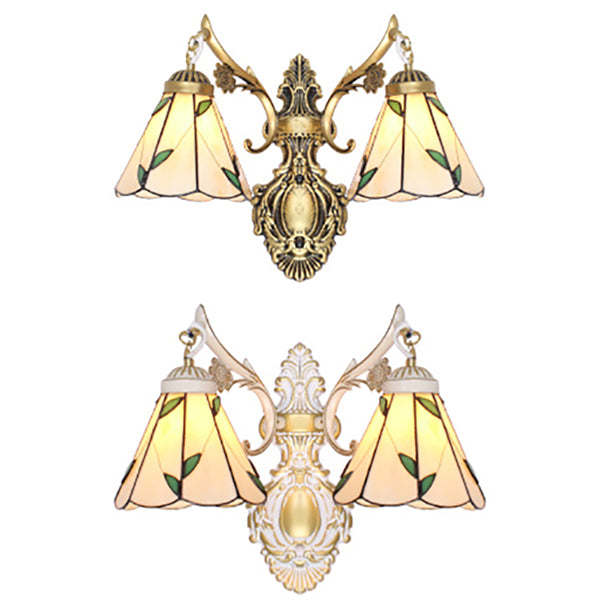 Leaf Wall Lighting Vintage Traditional Stained Glass 2 Heads Wall Mount Light in White/Antique Brass for Bedroom Clearhalo 'Industrial' 'Middle century wall lights' 'Tiffany wall lights' 'Tiffany' 'Wall Lamps & Sconces' 'Wall Lights' Lighting' 29061