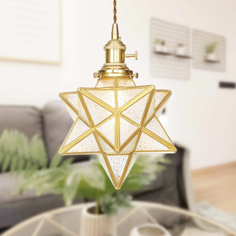 Star Shaped Pendant Lighting Postmodern Clear/Frosted Glass 1 Light Brass Hanging Light Kit with Adjustable Rope Brass Frosted Glass Clearhalo 'Ceiling Lights' 'Glass shade' 'Glass' 'Modern Pendants' 'Modern' 'Pendant Lights' 'Pendants' Lighting' 290681