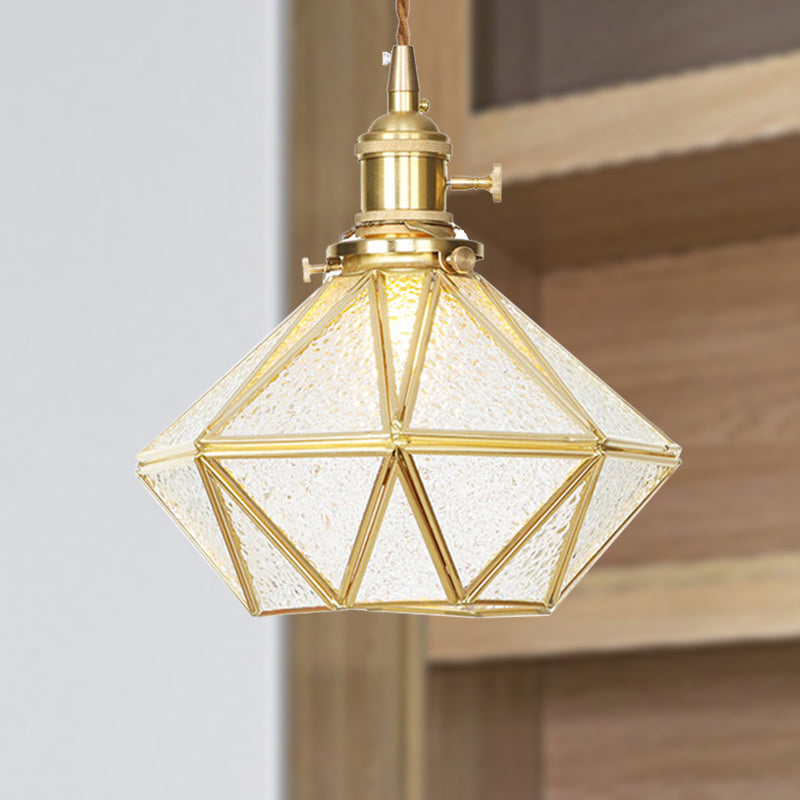 Diamond Pendant Ceiling Light Postmodern Clear/Frosted Glass 1 Light Brass Hanging Light with Adjustable Rope Brass Frosted Glass Clearhalo 'Ceiling Lights' 'Glass shade' 'Glass' 'Modern Pendants' 'Modern' 'Pendant Lights' 'Pendants' Lighting' 290699