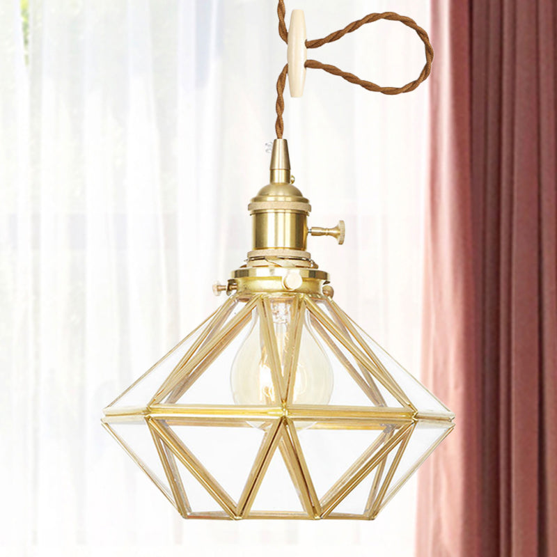 Diamond Pendant Ceiling Light Postmodern Clear/Frosted Glass 1 Light Brass Hanging Light with Adjustable Rope Brass Clear Glass Clearhalo 'Ceiling Lights' 'Glass shade' 'Glass' 'Modern Pendants' 'Modern' 'Pendant Lights' 'Pendants' Lighting' 290706